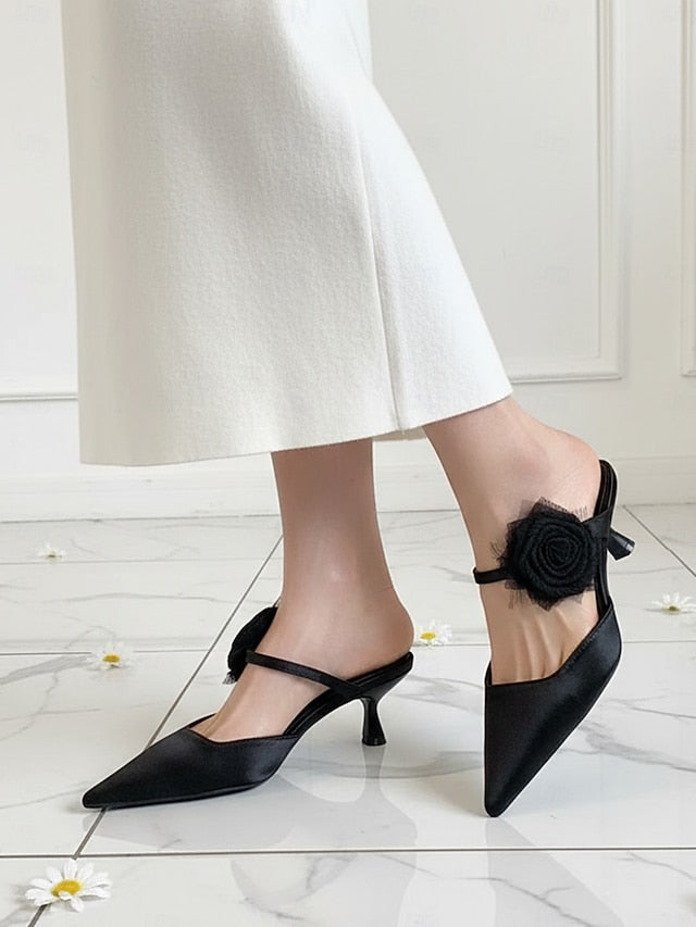 Floral Satin with Green Ankle Pointed Heels Toe Women's