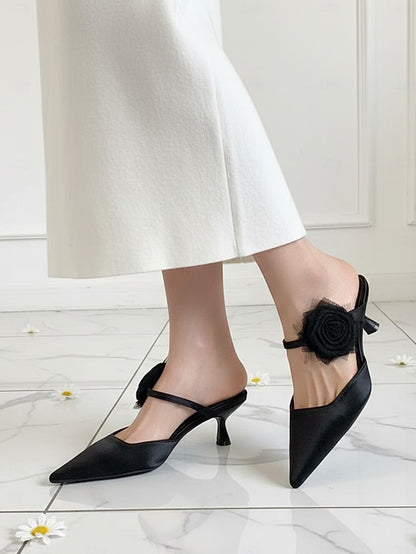 Floral Satin with Green Ankle Pointed Heels Toe Women's