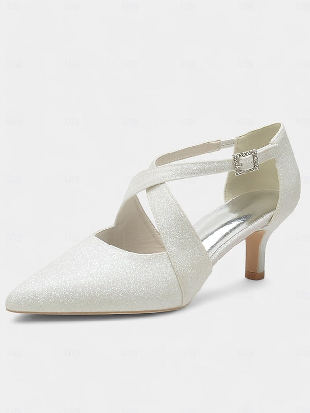 White Strap Buckle Cross Kitten Heels Rhinestone Glitter with