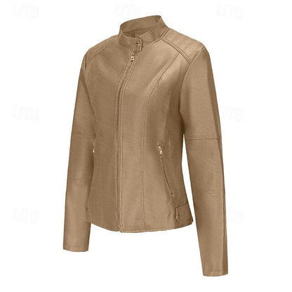 Zipper Jacket Pocket Faux Leather Women's Comfortable