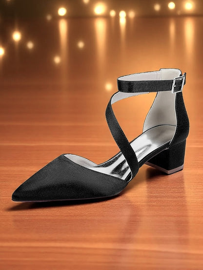 - Champagne Satin Pointed Toe Block Women's Heels