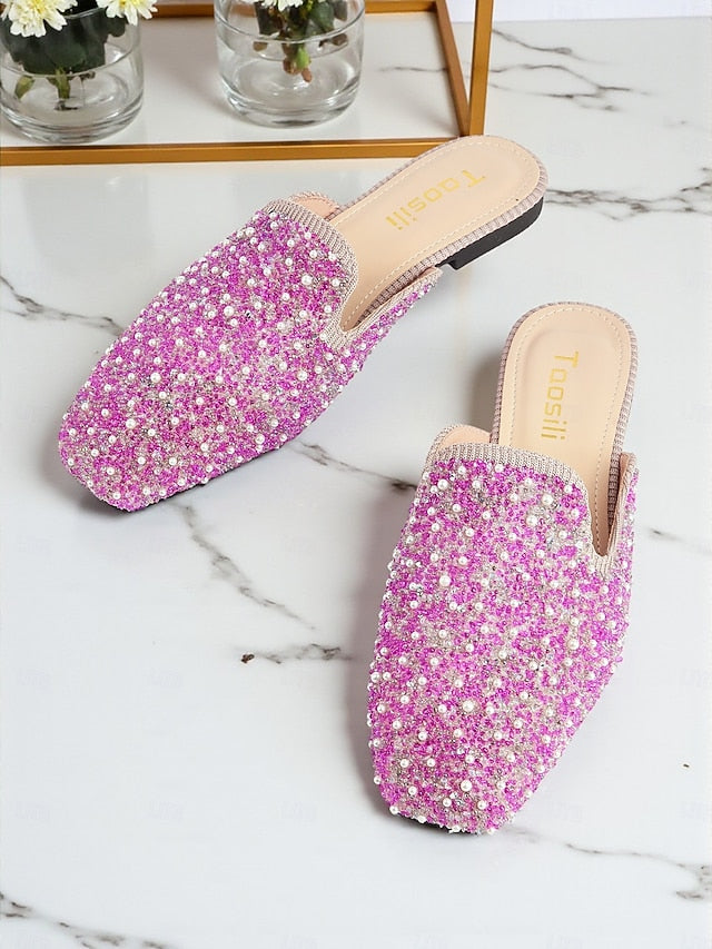 and Women's Embellished Pink Mules Rhinestone Pearl -