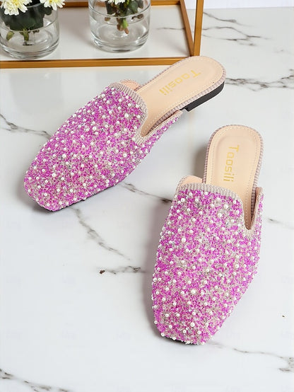 and Women's Embellished Pink Mules Rhinestone Pearl -