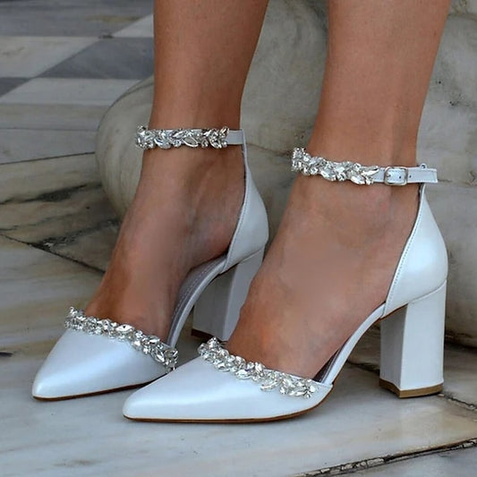 Women's Toe Heel White Block – Wedding Shoes with Pointed