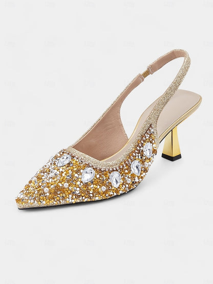 Slingback with Heels Rhinestone Gold Women's Pearl
