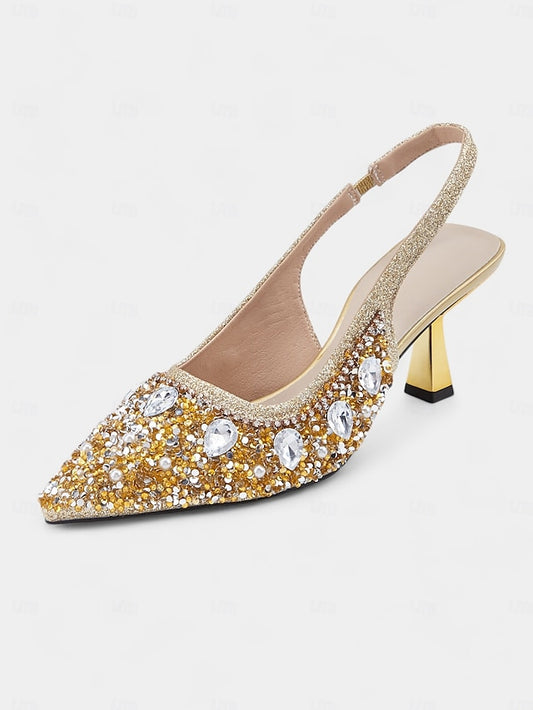 Slingback with Heels Rhinestone Gold Women's Pearl