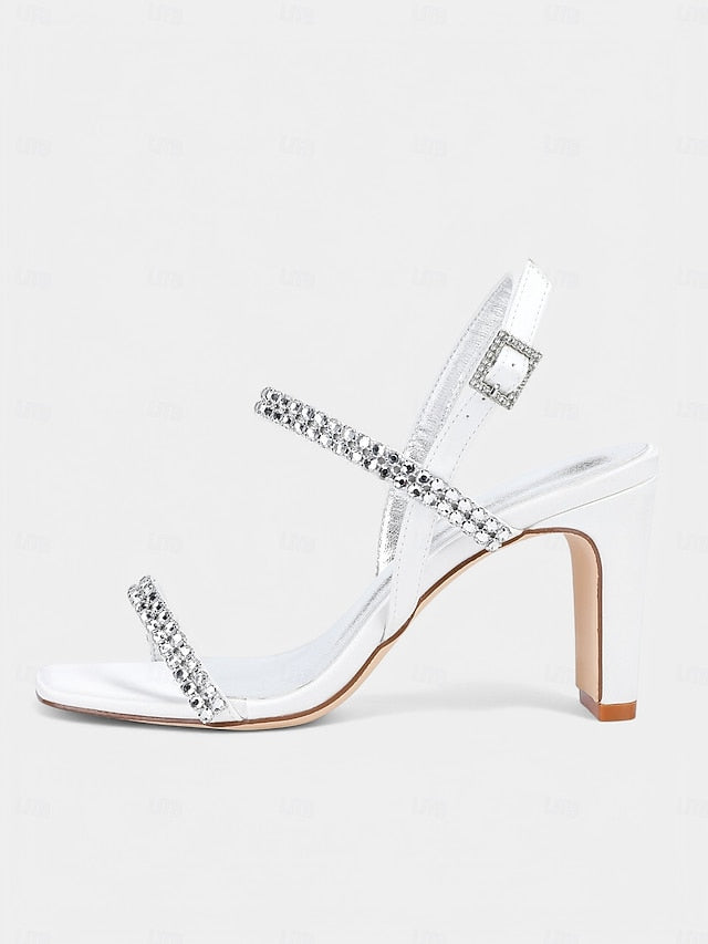 Bridal White Heel – Rhinestone Prom Block Sandals Women's