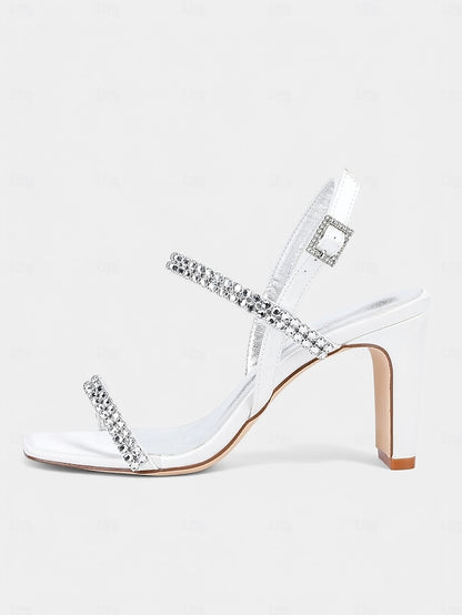 Bridal White Heel – Rhinestone Prom Block Sandals Women's