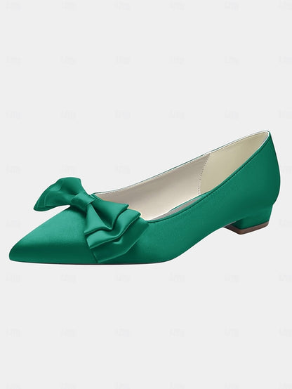 Pointed - Bow Flats Women's Elegant Satin Green Toe