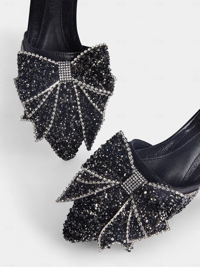 Rhinestone-Bow for Parties Mules Black – Flat Perfect and