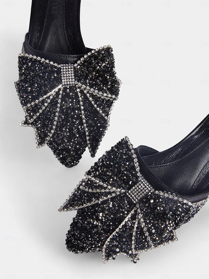 Rhinestone-Bow for Parties Mules Black – Flat Perfect and