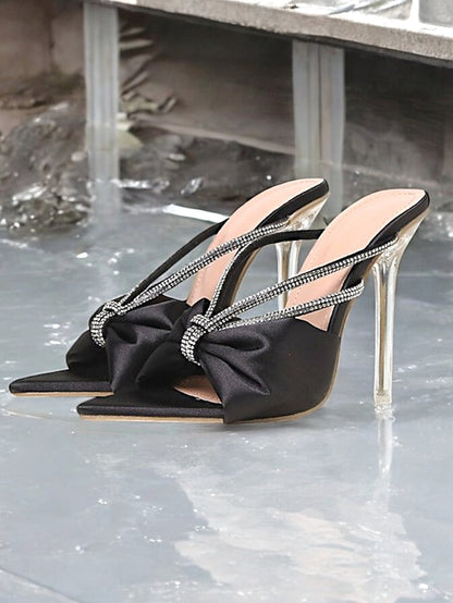 Sandals Rhinestone Bow Women's Satin Hot – Heeled Pink