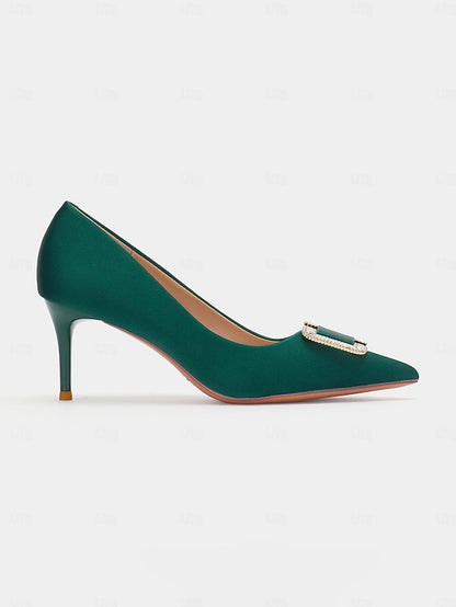 Elegant Green Rhinestone Pumps with Buckle Satin for Women: