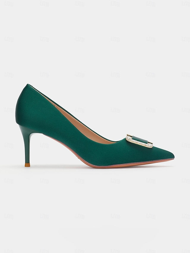 Pumps with Elegant Green Satin Rhinestone for Women: Buckle