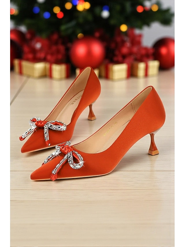 Women's Heels Stiletto Bow Orange Crystal - Pointed with