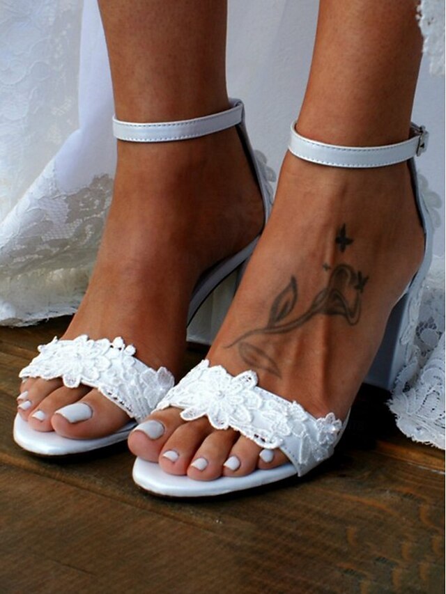 Women Heels Ankle for Open-Toe Strap with - Lace White Bridal