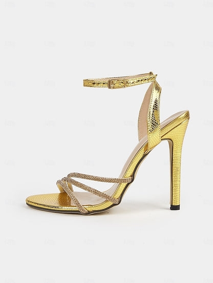 Rhinestone-Embellished Open-Toe Stiletto Women Gold Sandals for