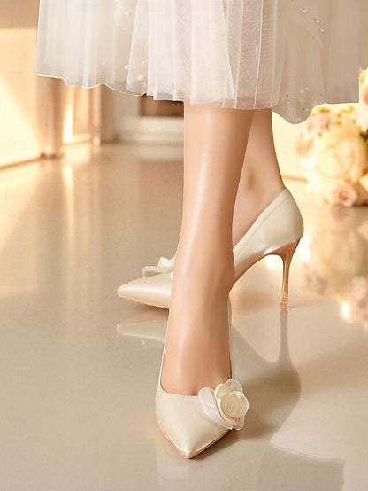 Elegant Satin Pointed Floral - Women's Wedding Ivory Heels