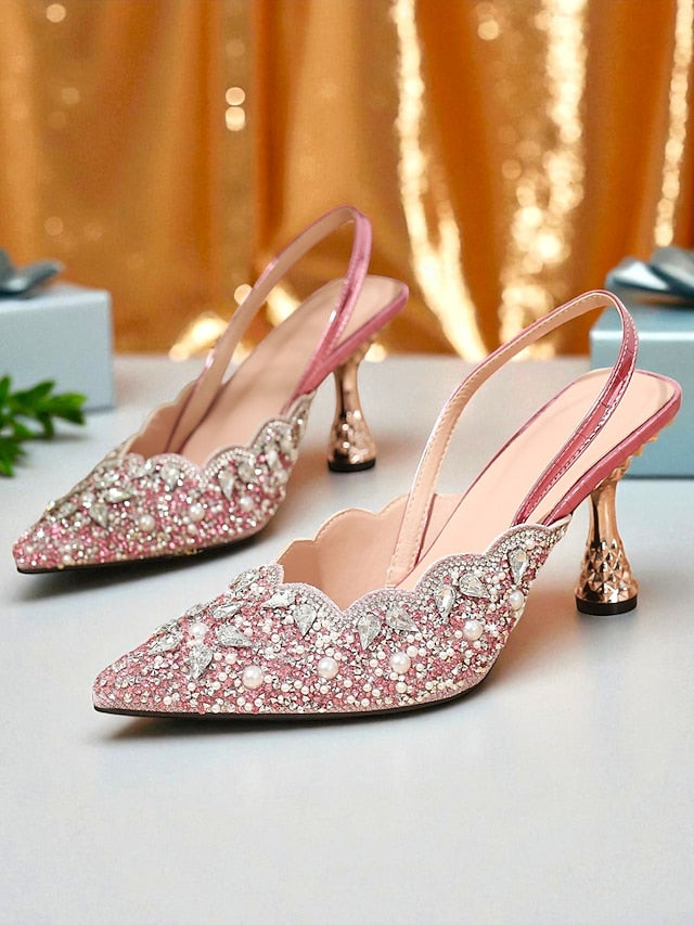Toe Party - Women's Rhinestone Slingback Pink Pointed Heels