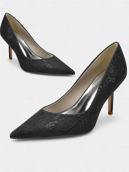 Heels - Women's Lace-Embroidered Pointed-Toe Stiletto