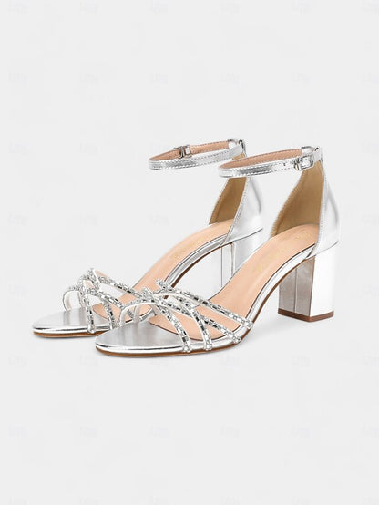 Silver Rhinestone Sandals Heel with Block Metallic Strappy