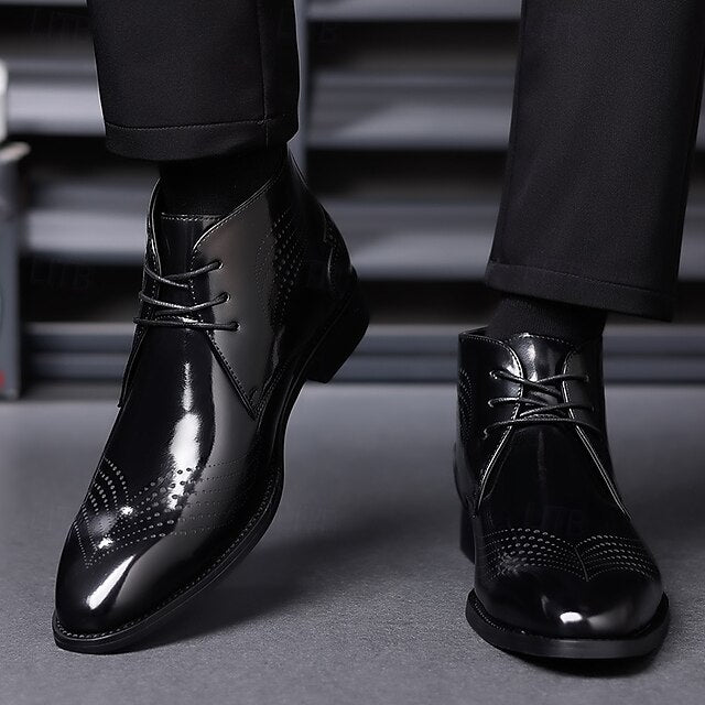 Ankle Leather Men's Brogue Glossy Wingtip Burgundy Faux