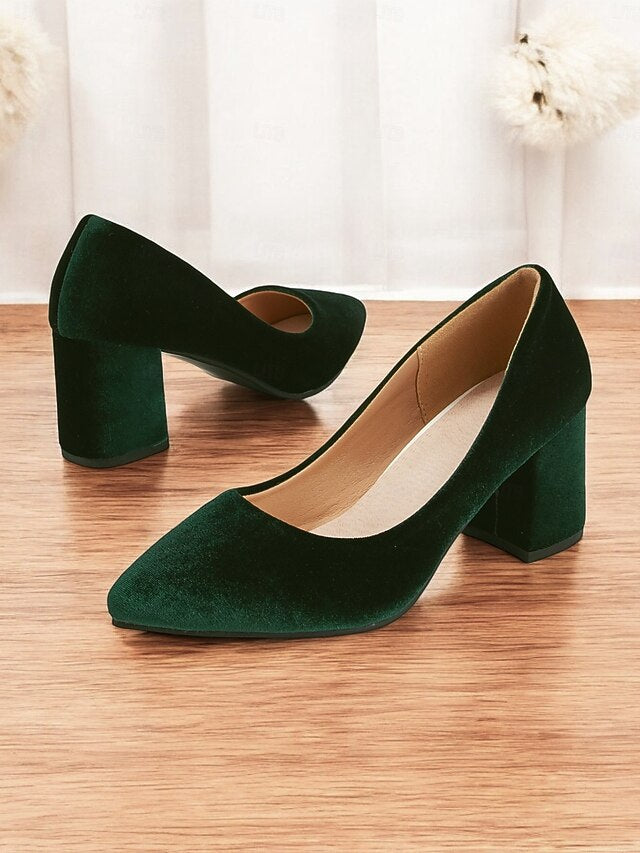 Toe Women's Green Pointed Elegant - Velvet Heel Block Pumps