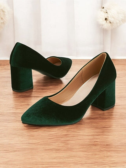 Toe Women's Green Pointed Elegant - Velvet Heel Block Pumps