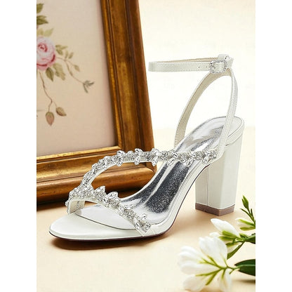 Block Rhinestone Heel - Straps with Sandals White Women's