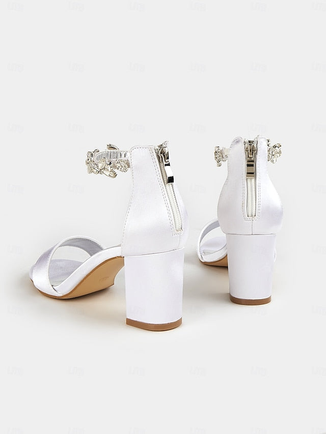 Sandals Satin Bridal Ankle Heel with Floral Block White Strap