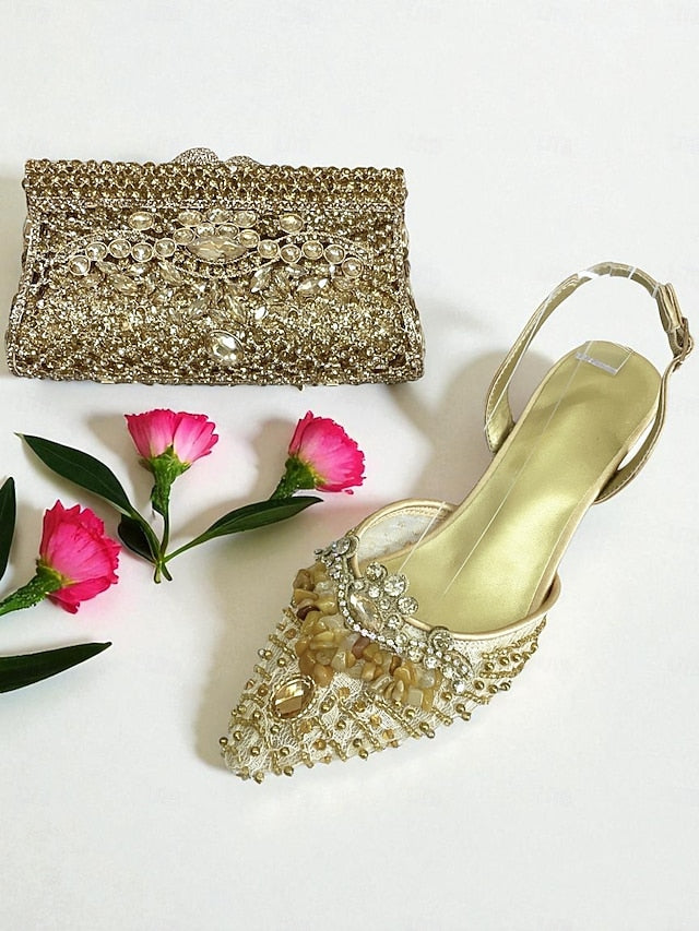 Heel Shoes and Women's Bag Clutch Rhinestone Set Green -
