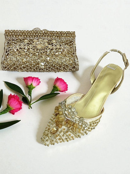 Heel Shoes and Women's Bag Clutch Rhinestone Set Green -