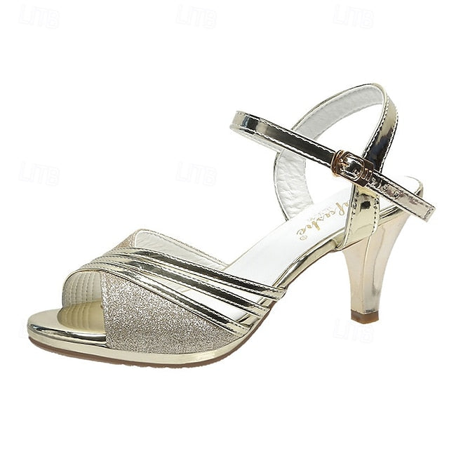 Mid with Women's Sandals Straps - Heel Glitter Silver