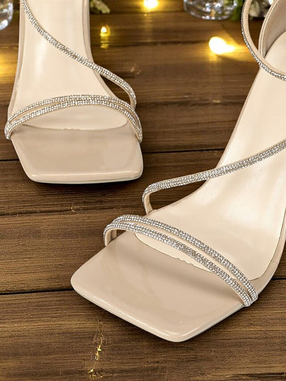 Block Straps Rhinestone - Sandals Heel Women's White with