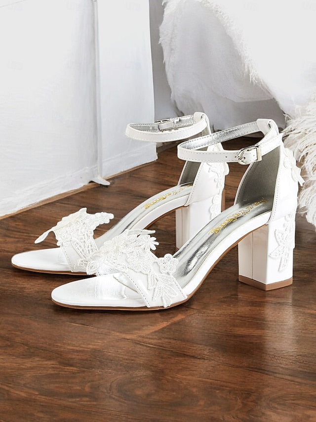 Women Heels Ankle for Open-Toe Strap with - Lace White Bridal