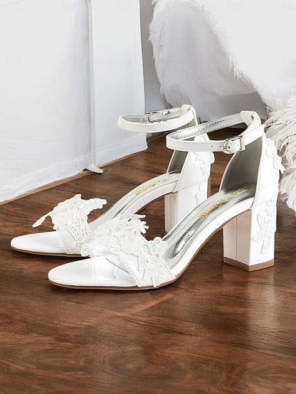 Women Heels Ankle for Open-Toe Strap with - Lace White Bridal