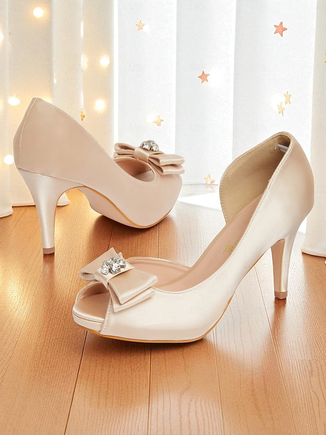 with Champagne Bow Women's and Peep Satin Heels Toe