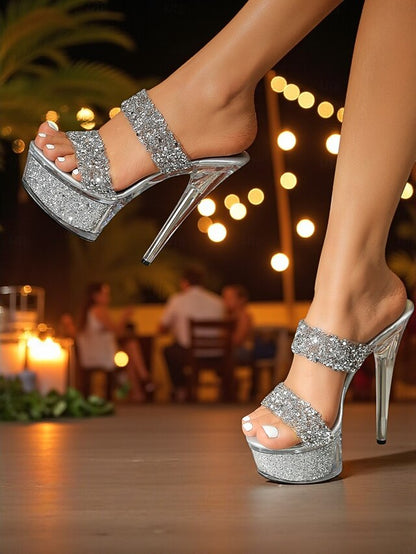 Peep - Platform Mules Rhinestone Glitter High Heel Women's