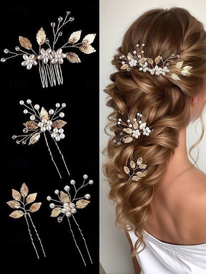 and Accessory Silver Faux Leaf with Set Gold Pearls Hair Bridal