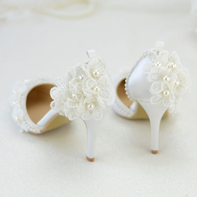 Heels Lace Wedding Platform with Floral Women's White