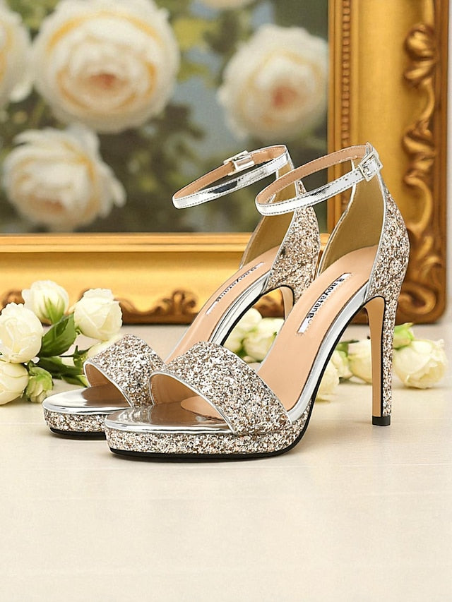 with Women's Strap Glitter Sandals High Silver Heel Ankle
