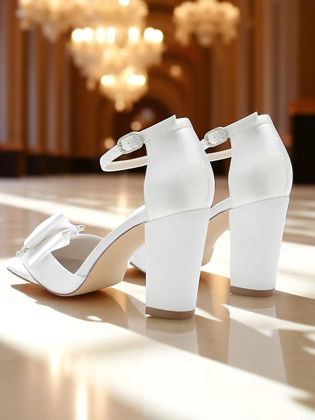 Bow Block Pumps Satin Heel and with Crystal Women's