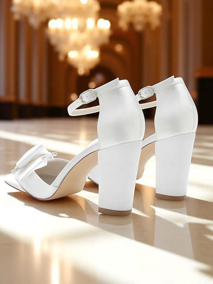 Bow Block Pumps Satin Heel and with Crystal Women's