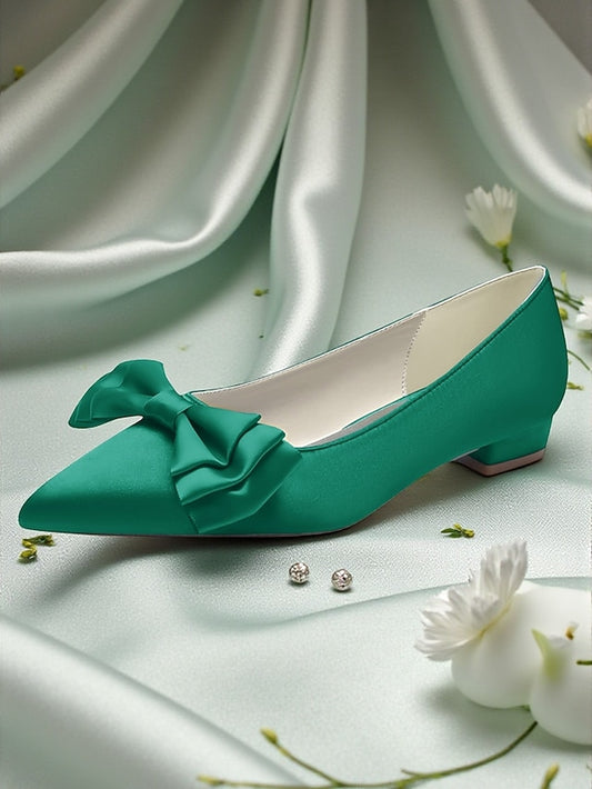 Pointed - Bow Flats Women's Elegant Satin Green Toe