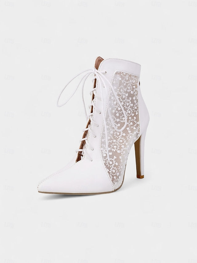 Ankle Mesh Heels Lace Booties Women's Stiletto White with