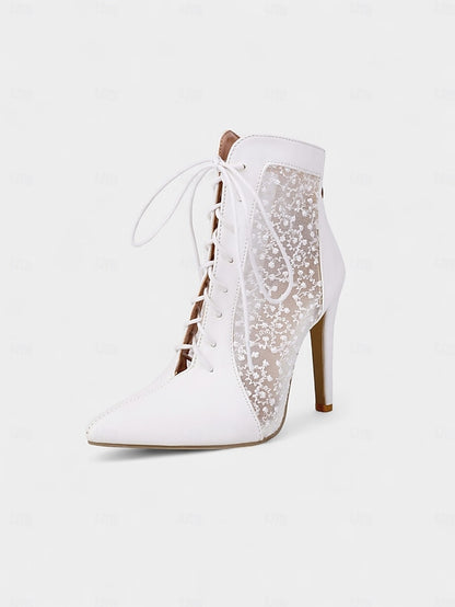 Ankle Mesh Heels Lace Booties Women's Stiletto White with