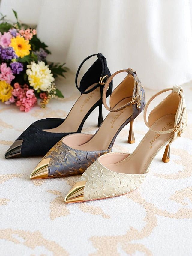 Toe Beige Women's and with Gold Pointed Heels Satin Accents