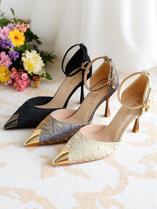 Toe Beige Women's and with Gold Pointed Heels Satin Accents