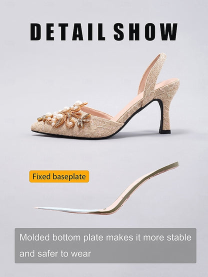 Black with Women's - Slingback Heels Detailing Pearl Satin