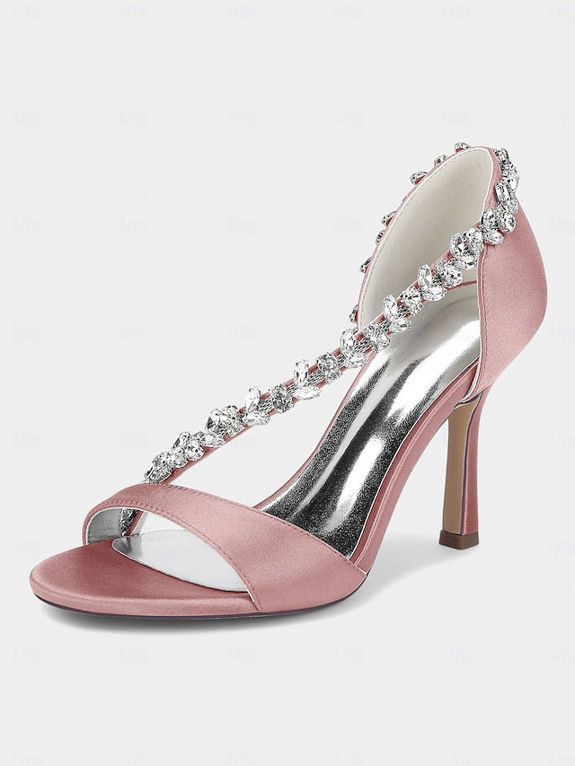 Champagne Satin – Women's with High Heels Crystal T-Strap
